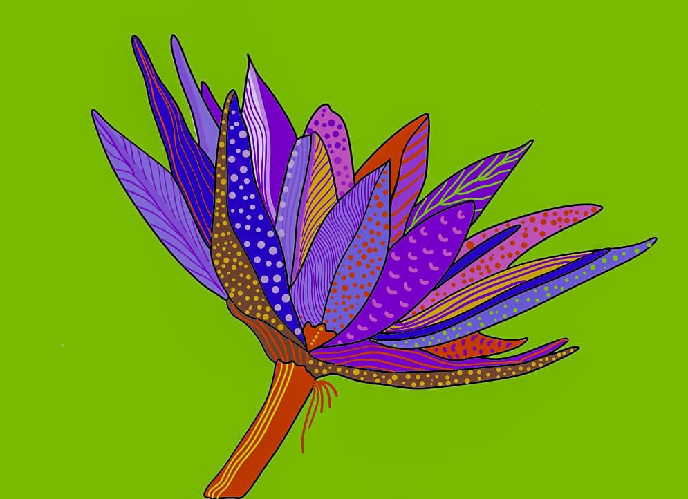 A vibrant illustration of a flower with colorful leaves, featuring shades of purple, pink, and orange against a green background.